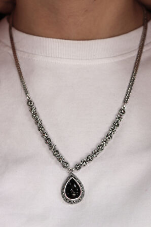 Oniks Taşlı Damla Tasarım Markazit Taşlı Gümüş Kadın Gerdanlık 201024257