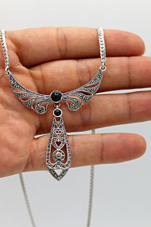 Oniks Taşlı Melek Kanat Model Markazit Taşlı Gümüş Kadın Gerdanlık 201024266