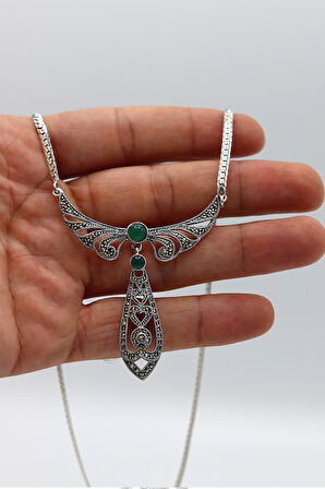 Zümrüt Taşlı Melek Kanat Model Markazit Taşlı Gümüş Kadın Gerdanlık 201024270