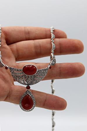 Akik Taşlı Sallantılı Damla Model Markazit Taşlı Gümüş Kadın Gerdanlık 201024271