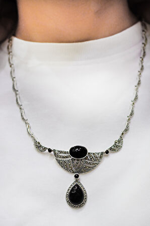 Oniks Taşlı Sallantılı Damla Model Markazit Taşlı Gümüş Kadın Gerdanlık 201024272