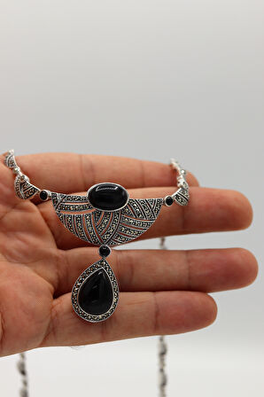 Oniks Taşlı Sallantılı Damla Model Markazit Taşlı Gümüş Kadın Gerdanlık 201024272