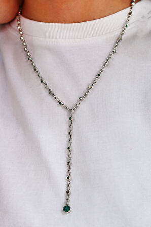 Zümrüt Taşlı  Yuvarlak Su Yolu Model Markazit Taşlı Gümüş Kadın Gerdanlık 201024297