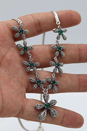 Zümrüt Taşlı Çiçek Model Markazit Taşlı Gümüş Kadın Gerdanlık 201024302