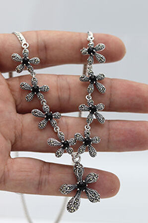 Oniks Taşlı Çiçek Model Markazit Taşlı Gümüş Kadın Gerdanlık 201024303