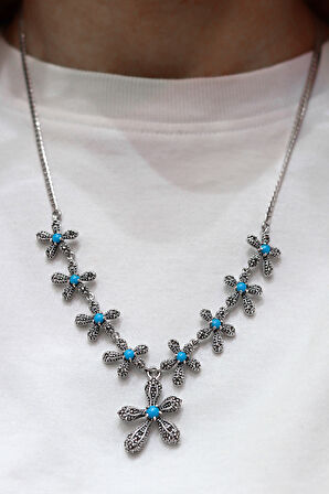 Firuze Taşlı Çiçek Model Markazit Taşlı Gümüş Kadın Gerdanlık 201024305