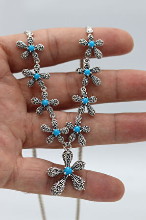 Firuze Taşlı Çiçek Model Markazit Taşlı Gümüş Kadın Gerdanlık 201024305