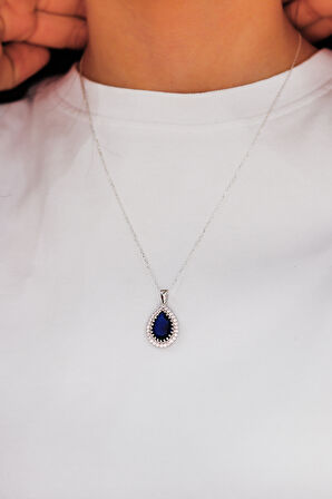 Safir Taşlı Damla Model 925 Ayar Gümüş Kadın Kolye 201024307