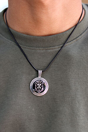 Siyah Mineli Aslan Model 925 Ayar Gümüş Erkek Kolye 201024342