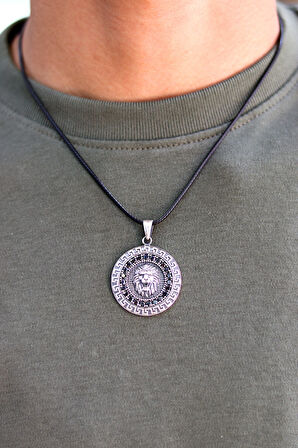 Siyah Zirkon Taşlı Aslan Model 925 Ayar Gümüş Erkek Kolye 201024343