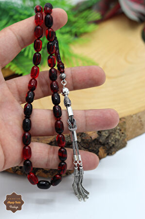 Kırmızı Hareli Kapsül Kesim Gümüş Püsküllü Ateş Kehribar Tesbih 201024369