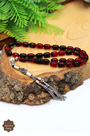 Kırmızı Hareli Kapsül Kesim Gümüş Püsküllü Ateş Kehribar Tesbih 201024369