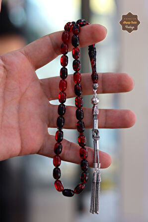 Kırmızı Hareli Kapsül Kesim Gümüş Püsküllü Ateş Kehribar Tesbih 201024369