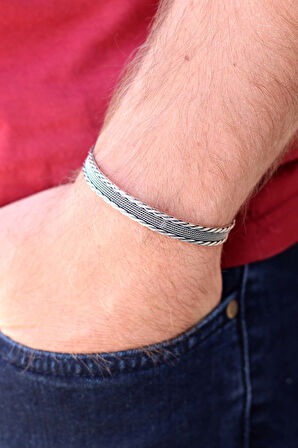 Tek Sıra Örgü ve Hasır Model 925 Ayar Saf Gümüş Unisex Hasır Bilezik 201024398