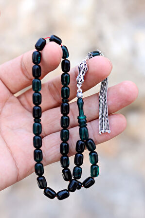 Hareli Koyu Yeşil Kapsül Kesim Gümüş Püsküllü Ateş Kehribar Tesbih 201024412