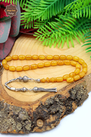 Hareli Sarı Kapsül Kesim Kral Gümüş Püsküllü Sıkma Kehribar Tesbih 201024415