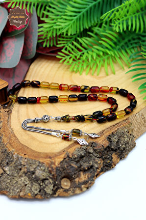 Hareli Sarı Siyah Kapsül Kesim Gümüş Püsküllü Ateş Kehribar Tesbih 201024419