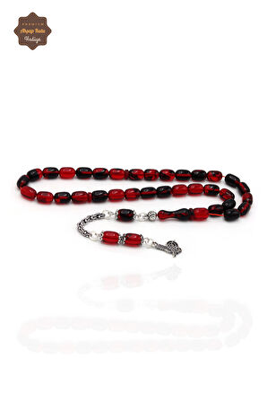 Hareli Kırmızı Siyah Kapsül Kesim Gümüş Püsküllü Ateş Kehribar Tesbih 201024420