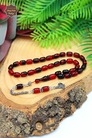 Hareli Kırmızı Siyah Kapsül Kesim Gümüş Püsküllü Ateş Kehribar Tesbih 201024420