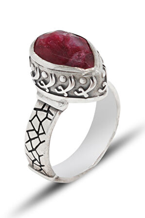 Kök Yakut Taşlı Zülfikar İşlemeli 925 Ayar Gümüş Kadın Yüzük 201024478