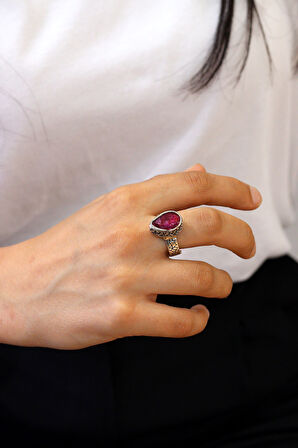 Kök Yakut Taşlı Zülfikar İşlemeli 925 Ayar Gümüş Kadın Yüzük 201024478