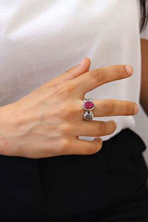 Kök Yakut Oval Taşlı Yaprak İşlemeli 925 Ayar Gümüş Kadın Yüzük 201024479