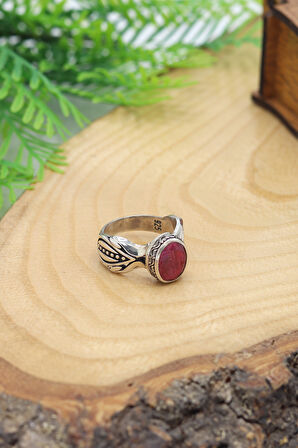 Kök Yakut Oval Taşlı Yaprak İşlemeli 925 Ayar Gümüş Kadın Yüzük 201024479