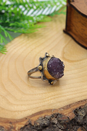 Kök Ametist Taşlı Çekiç İşlemeli 925 Ayar Gümüş Kadın Yüzük 201024484