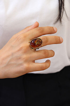 Fosilli Kehribar Taşlı Çekiç İşlemeli 925 Ayar Gümüş Kadın Yüzük 201024486