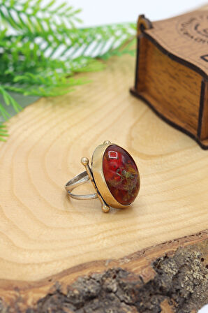 Fosilli Kehribar Taşlı Çekiç İşlemeli 925 Ayar Gümüş Kadın Yüzük 201024486