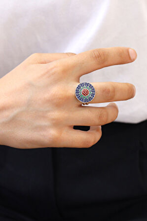 Kırmızı Yeşil Mineli İşlemeli Gümüş Mardin Hasırı Kadın Yüzük 201024488