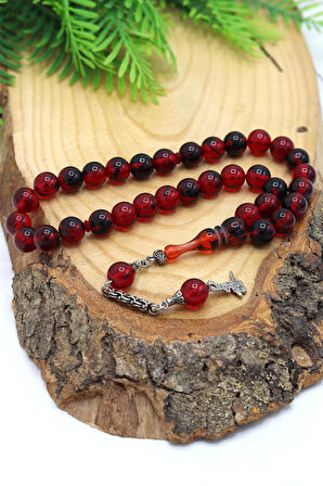 Kırmızı Siyah Sürmeli Küre Kesim Toz Kehribar Tesbih 201024491