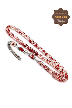 Kırmızı Parçacıklı Gümüş Püsküllü Ateş Kehribar Tesbih 201024499