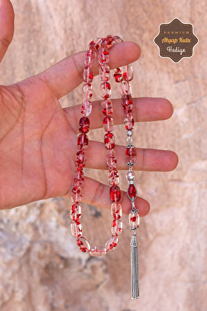 Kırmızı Parçacıklı Gümüş Püsküllü Ateş Kehribar Tesbih 201024499