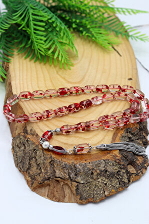 Kırmızı Parçacıklı Gümüş Püsküllü Ateş Kehribar Tesbih 201024499