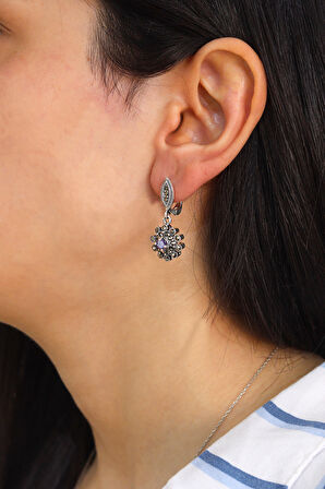 Ametist ve Markazit Taşlı Çiçek Model Gümüş Kadın Küpe 201024504