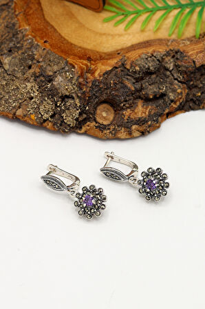 Ametist ve Markazit Taşlı Çiçek Model Gümüş Kadın Küpe 201024504