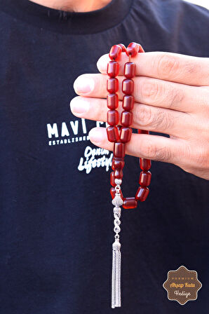 Koyu Kahve Kapsül Kesim Örgü Gümüş Püsküllü Sıkma Kehribar Tesbih 201024536