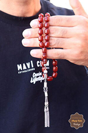 Koyu Kahve Kapsül Kesim 2'li Örgü Gümüş Püsküllü Sıkma Kehribar Tesbih 201024537