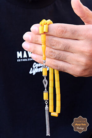 Limon Yeşili Kesme Model Gümüş Püsküllü Sıkma Kehribar Tesbih 201024542