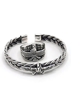 Özel Tasarım Ahura Mazda Model Gümüş Bilezik ve Yüzük Kombini 201024557