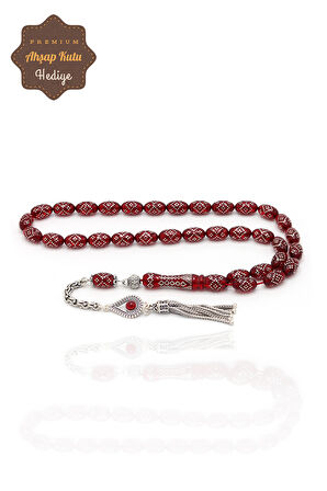 Kırmızı Gümüş İşlemeli Gümüş Püsküllü Ateş Kehribar Tesbih 201024566