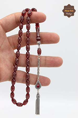 Kırmızı Gümüş İşlemeli Gümüş Püsküllü Ateş Kehribar Tesbih 201024566