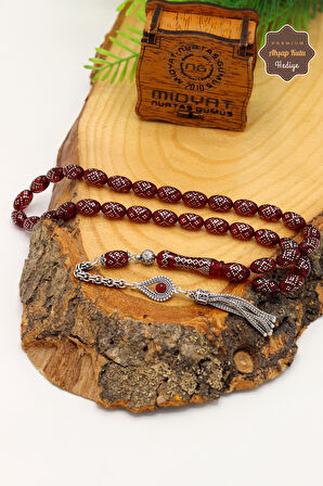 Kırmızı Gümüş İşlemeli Gümüş Püsküllü Ateş Kehribar Tesbih 201024566