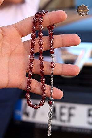 Kırmızı Gümüş İşlemeli Gümüş Püsküllü Ateş Kehribar Tesbih 201024566