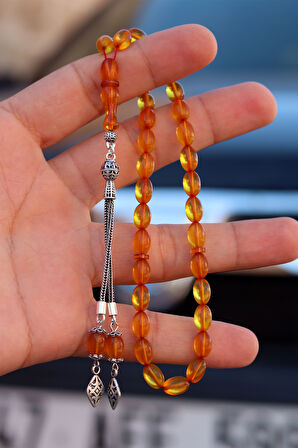 Sarı Arpa Kesim Gümüş Püsküllü Ateş Kehribar Tesbih 201024571