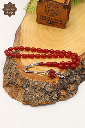 Vişne Rengi Arpa Kesim Gümüş Püsküllü Sıkma Kehribar Tesbih 201024572