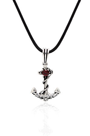 Yakut Taşlı Denizci Çapası Tasarım 925 Ayar Gümüş Erkek Kolye 201024603