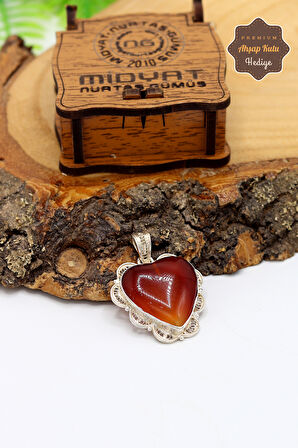 Akik Taşlı Kalp Model Telkari İşlemeli Gümüş Kadın Kolye 201024607