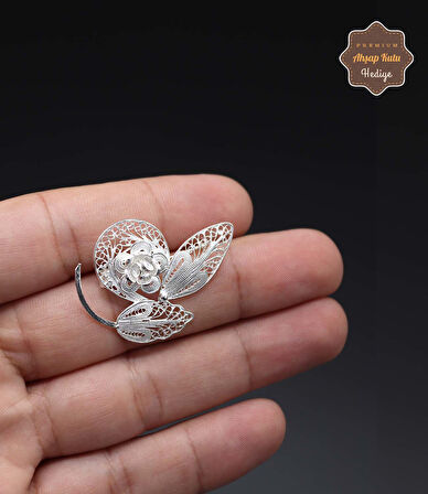 Yapraklı Çiçek Model 925 Ayar Gümüş Saf Süper Telkari Kadın Broş 201024626